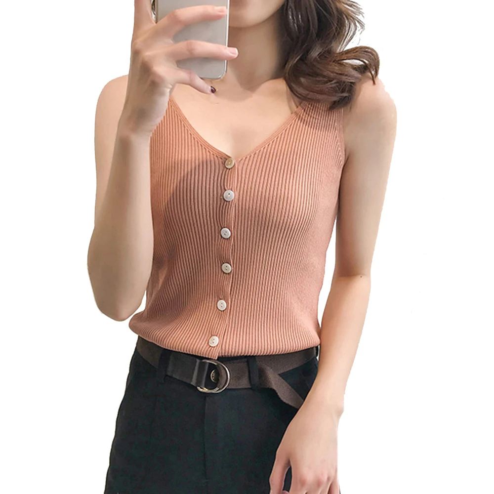 

Summer Sexy Women Camisole Knitted Sleeveless V-neck Slim Sling Tank Tops Comfortable Female Camis Button Solid Vest Crop Top