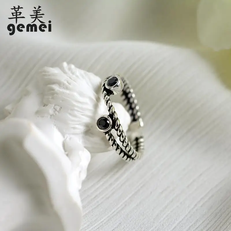 

Gemei Jewelry Fashion Sterling 925 Silver Rings For Women Retro Style Double Black Zircon Open Rings For Girls Kids Gifts