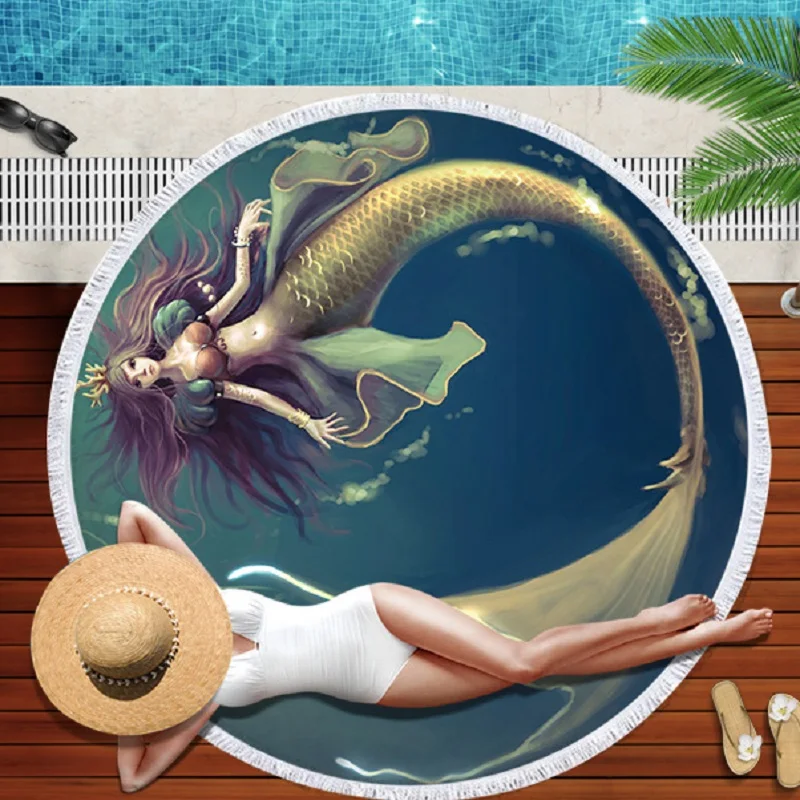

Mermaid Pattern Printed Round Beach Towel 150*150 Microfiber Tassel Living Room Wall Hanging Tapestry Plush Yoga Mat