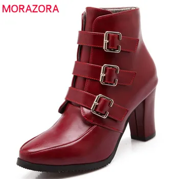 

MORAZORA 2020 new arrival boots women pointed toe autumn winter ankle boots zipper with buckle dress shoes high heels boots