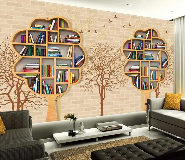 

New 8D Large bookcase Mural Bookshelf 3d Bricks Wallpaper Mural 3D Wall Mural Wall paper for Living Room Sofa TV Background