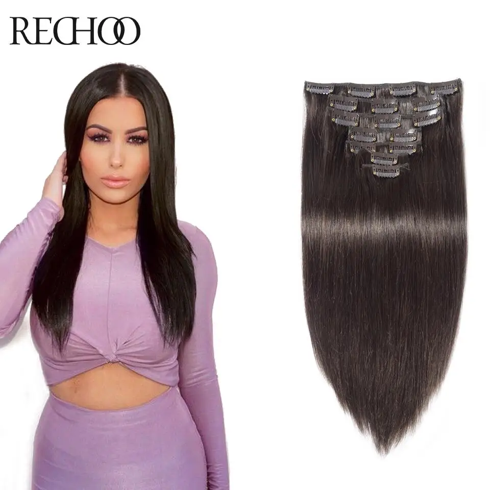 2016 Hot Sell Clip In Straight Hair Peruvian Virgin Full Head Darkest Brown Extensiones De Pelo Natural Remi Hair Rechoo Hair