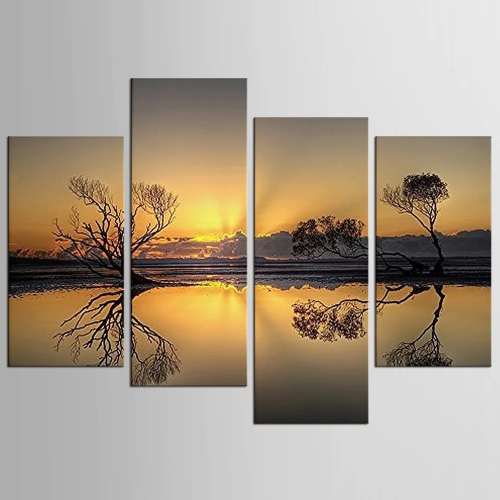 

4 piece landscape sunset sky clouds lake trees reflection canvas art wall poster and prints Decorative paintings