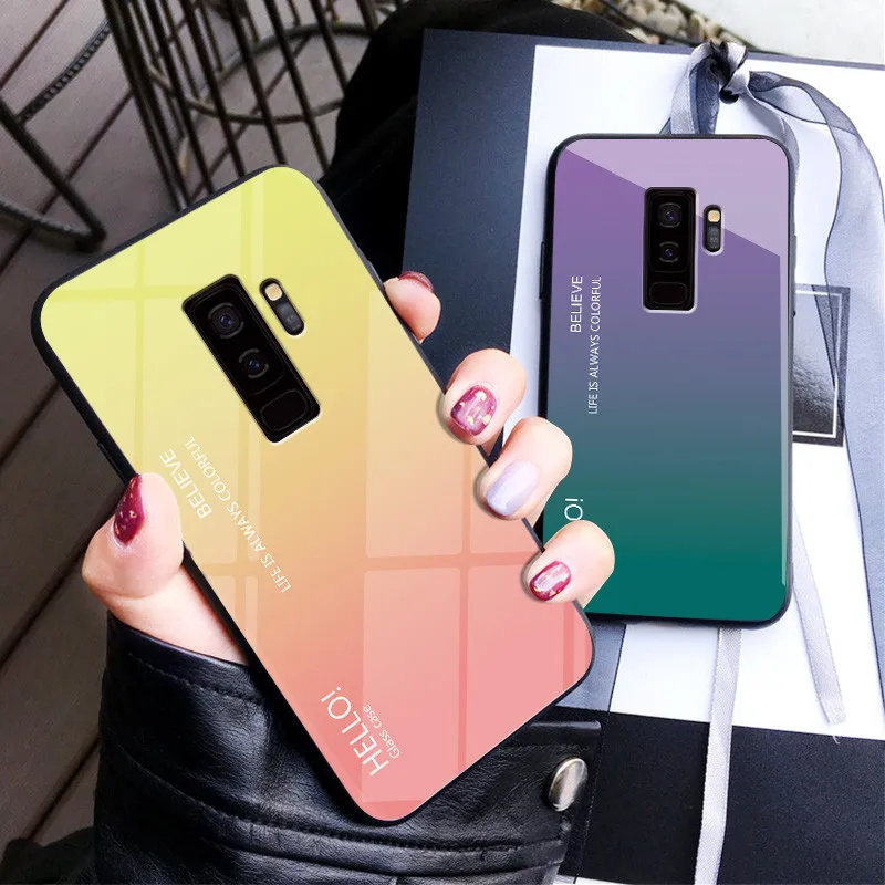 

Gradient Colorful Tempered Glass Cover Phone Cases For Samsung Galaxy S8 S9 Plus S7 Edge Note 8 9 J4 J6 2018 Full Protect Case