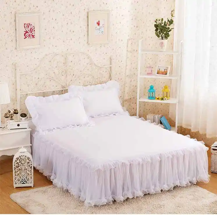 Snow White Lace Bedspread Bed Skirt Pillowcases 1/3pc Solid Color