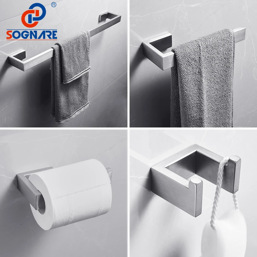 

SOGNARE 304 Stainless Steel Bathroom Accessories Set Single Towel Bar, Robe Hook, Paper Holder Bath Hardware Sets Nickel Brushed