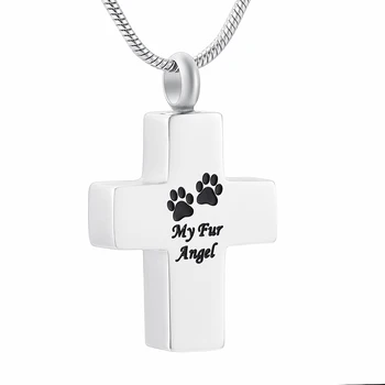 

MY FUR ANGEL PAW PRINT - Stainless Steel Cross Urn Pendant Necklace Memorial Keepsake Cremation Jewely for Ashes, Free Engraving