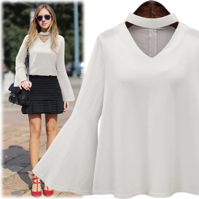 Осенняя женская шифоновая блуза, Топ свободный чокер с v-образным вырезом и расклешенными рукавами, офисные рубашки для женщин, плюс размер 5xl Blusas Y Camisas Mujer - Цвет: Белый