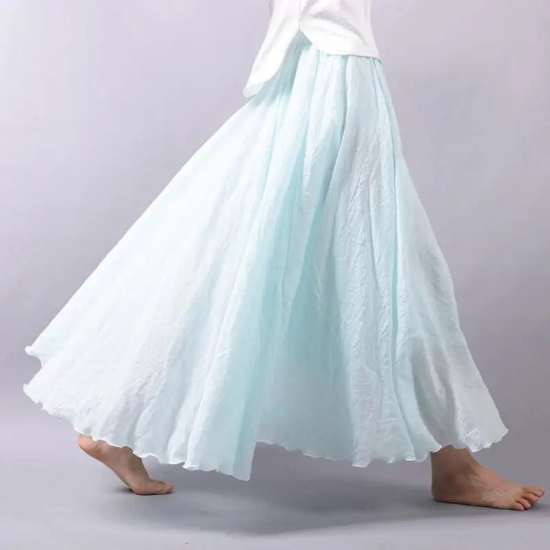 Для женщин элегантные Высокая Талия льняная длинная юбка летние женские Повседневное с эластичной резинкой на талии, 2 слоя юбки saia feminina 20 Цвета SK53 - Цвет: light blue