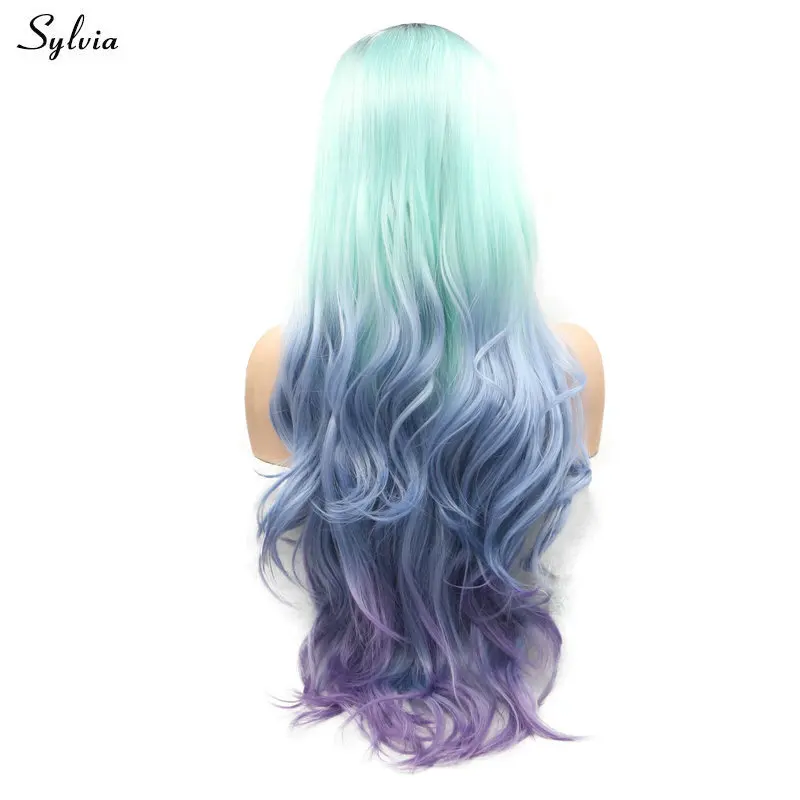 Sylvia Glueless Heat Resistant Pastel Green/Blue/Purple Ombre Synthetic  Lace Front Wigs With Dark Roots For Women Long Wavy Hair