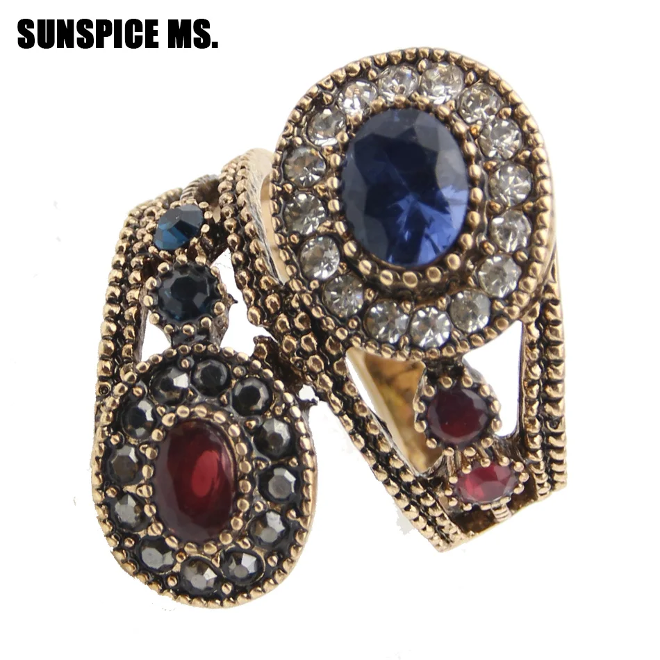 Wholesale New Turkish Round Resin Hollow Vintage Rings Antique Gold Color Rhinestone Jewelry Indian European Ethnic Wedding Ring | Украшения