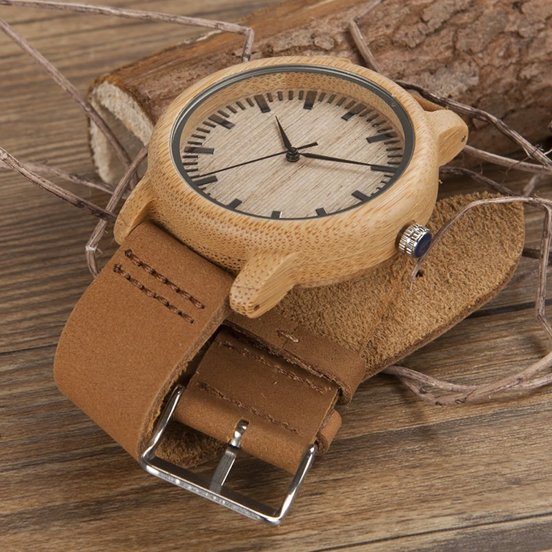 BOBO BIRD V-A16 Fashion Men Wooden Quartz Watch High Quality Bamboo Wristwatch with Brown Leather Band Erkek Kol Saati