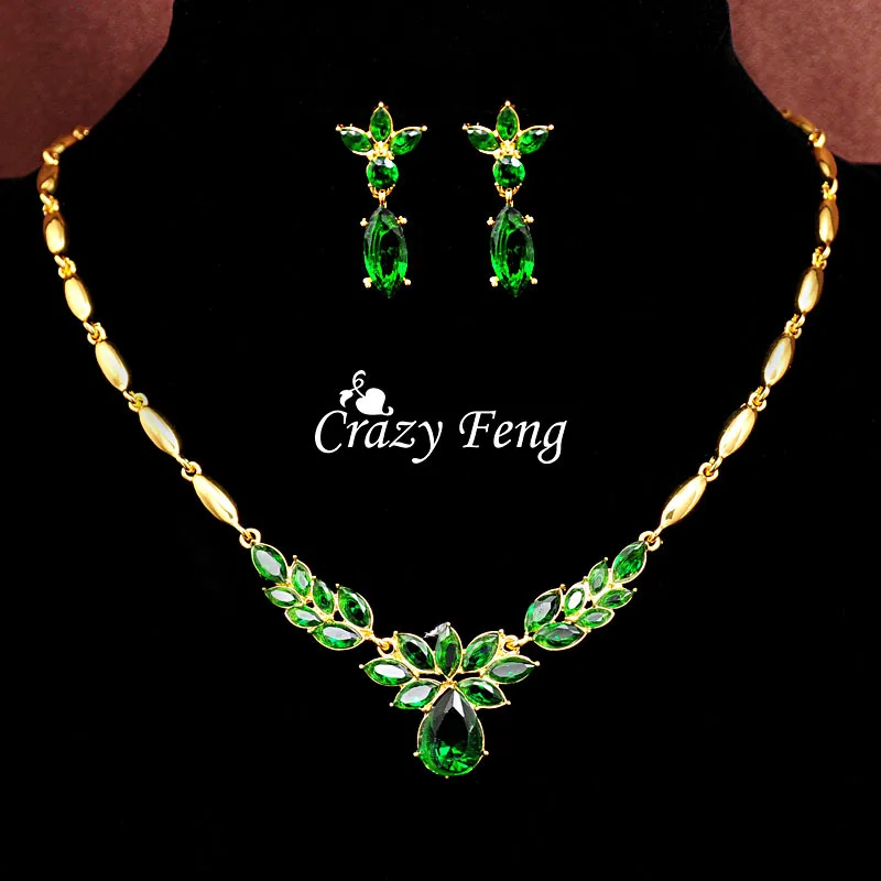 Crazy Feng Свадебные Ювелирные наборы, роскошное ожерелье с кристаллами CZ, висячие серьги, кулон,, золотой цвет, подарок на день матери - Окраска металла: green