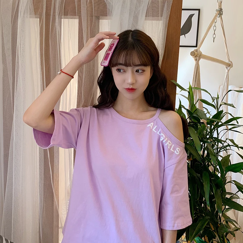 

Women's Summer Tshirts Japan Ulzzang Lovely Strapless Retro Letter Print Punk Tunic Lazy Female Sweet Ins Chic Tshirt For Women