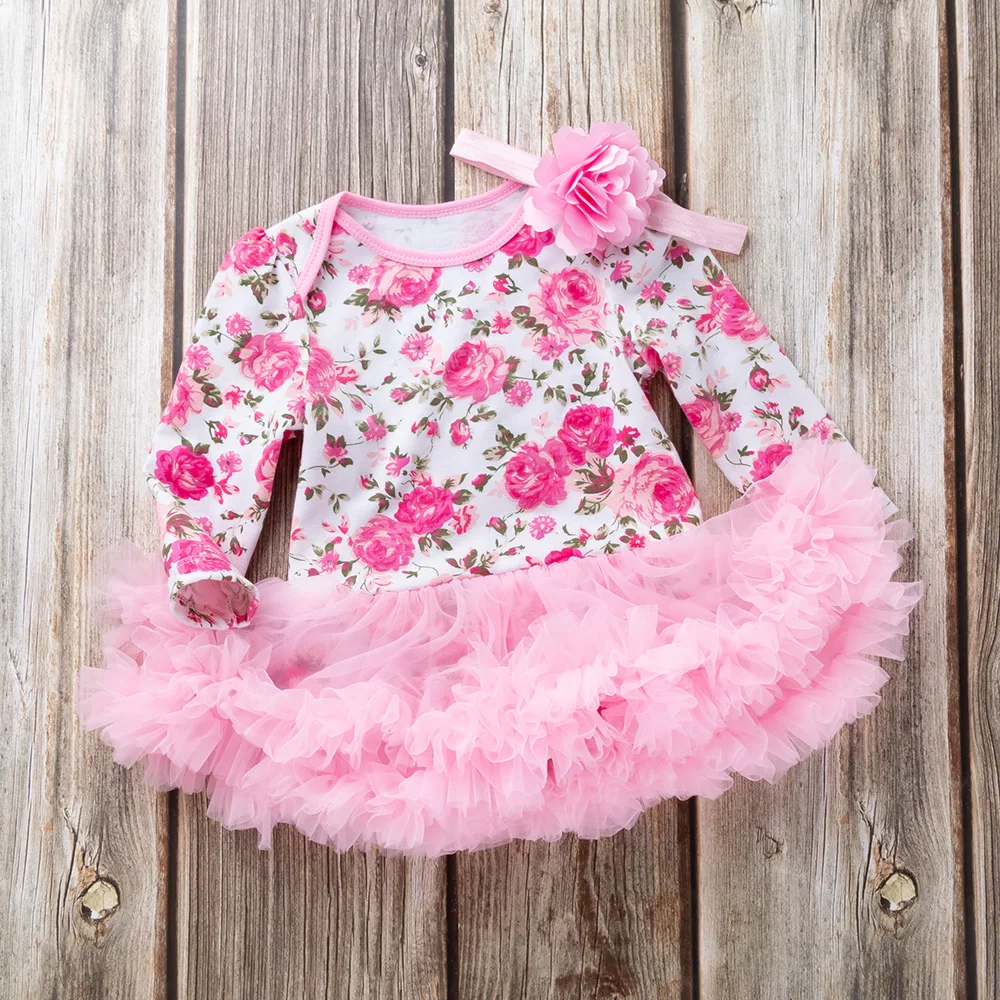 

2019 new Baby Newborn Pink Dress Girls Rompers Long Sleeve Dress Cotton Ruffle Jumpsuit Newborn Girl Clothes 2pcs set