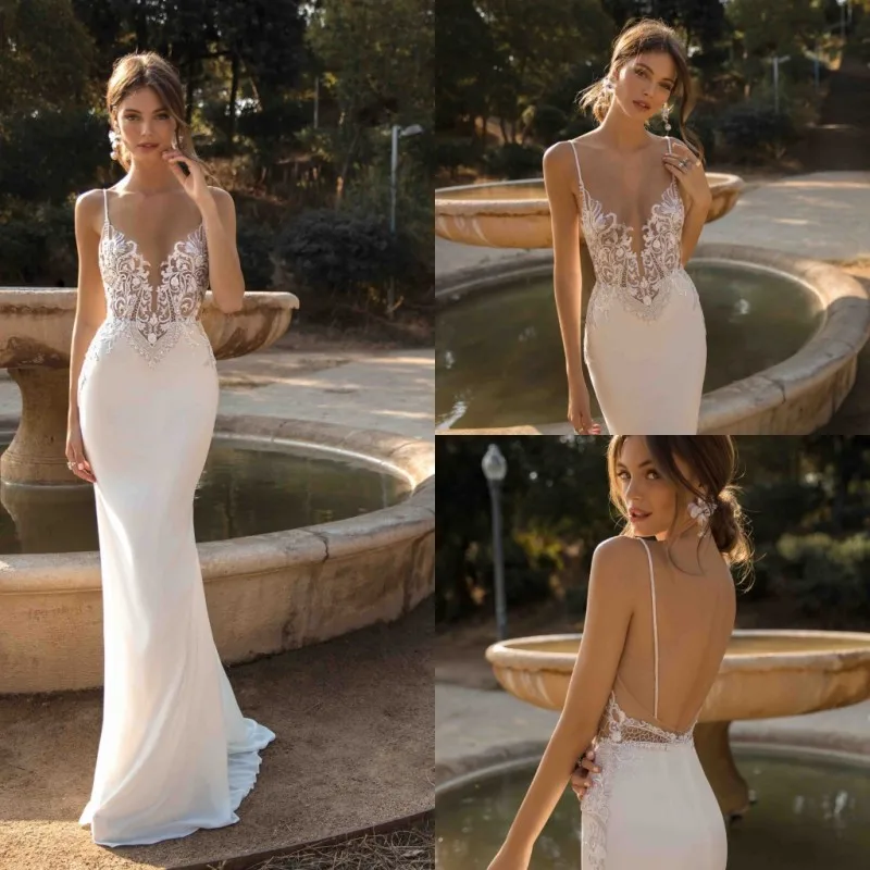 

2019 Mermaid Wedding Dresses Sexy Spaghetti Straps Backless Lace Beach Bridal Gowns Bohemian Wedding Dress Vestido De Novia