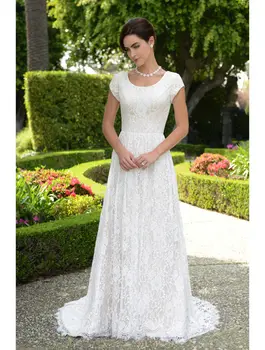 

Vintage Modest Lace Wedding Dresses With Cap Sleeves Boho A-line Buttons Back Informal Outdoor Wedding Bridal Gowns Robes