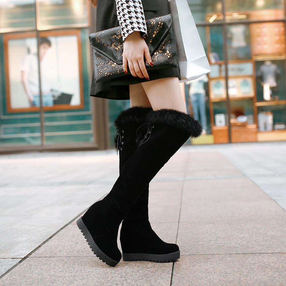 MoonMeek/Новое поступление года; женские ботинки; модные сапоги выше колена из флока, увеличивающие рост; черные сапоги на шнуровке; сезон осень-зима