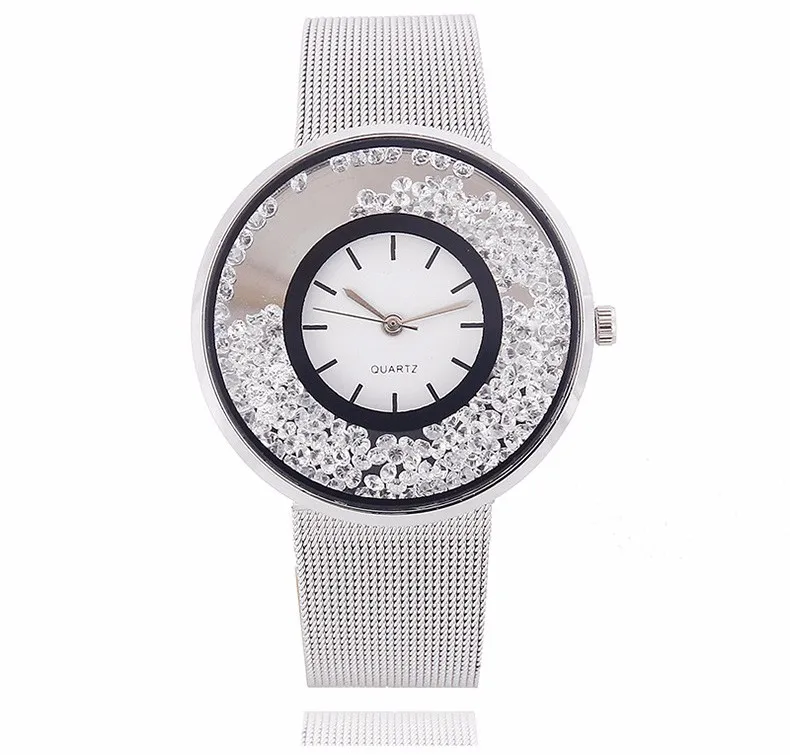 Горячая Мода из нержавеющей сетки ремешок часы для женщин Кристалл циферблат популярный бренд наручные часы женские золото серебро платье кварцевые часы - Цвет: Серебристый