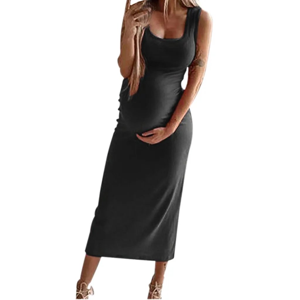 TELOTUNY платье для беременных, полиэфирное женское сексуальное однотонное платье для беременных с круглым вырезом, Летнее Длинное платье без рукавов для кормящих 19APRI10 - Цвет: Black