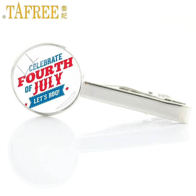 

TAFREE Celebrate Fourth Of July Let's BBQ Tie Clips Tie Bar Pins Art Picture Glass Cabochon Dome Men Jewelry New Fashion FQ743