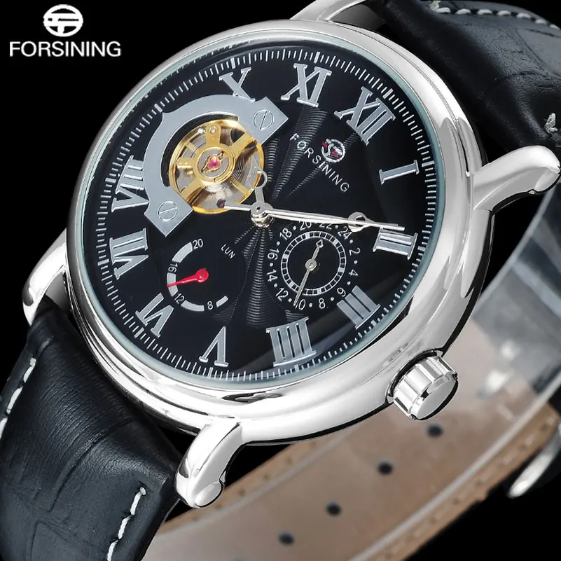 FORSINING fashion brand men mechanical tourbillion watches genuine leather band luxury men s skeleton watches relogio