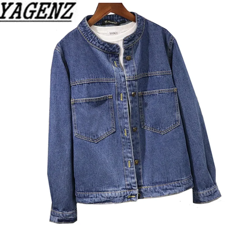 

Hot 2018 New Spring Autumn Jeans Jacket Women coat Loose Long-sleeved Pocket Stand Short Outerwear Casual Denim Female Jackets