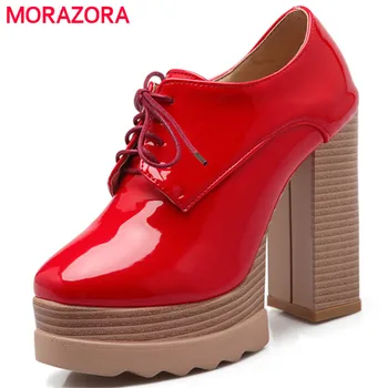 

MORAZORA Spuer heels shoes woman fashion elegant party shoes women PU patent leather pumps platform shoes lace-up