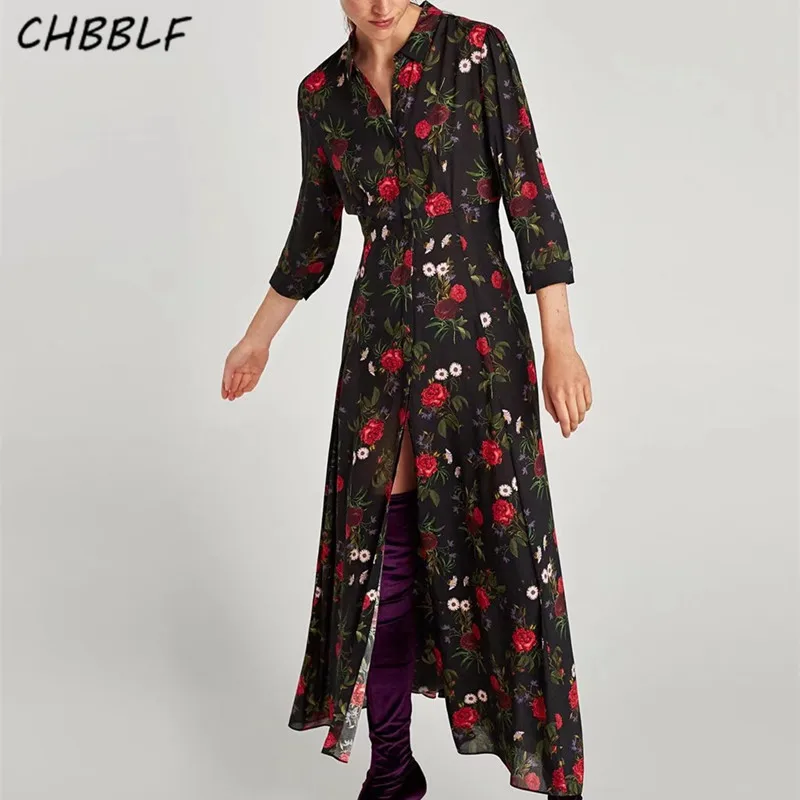 

New European Bohemian Print Dress Rose printed shirt style dress Vestido POP784