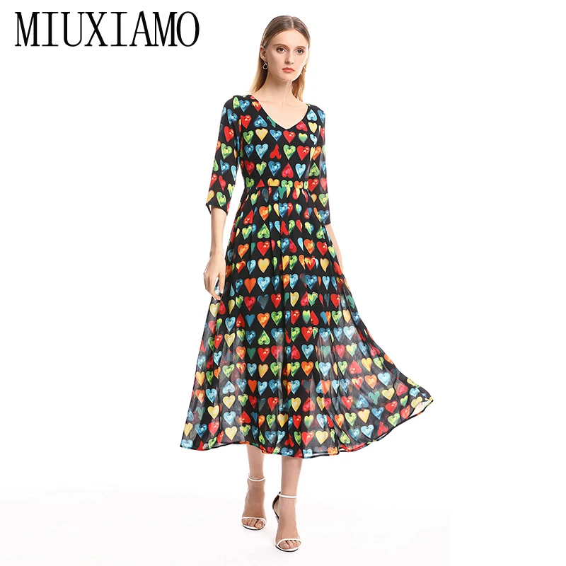 

MIUXIMAO 2019 Spring&Summer Long Dress New Arrival Fashion V-Neck Full Half Sleeve Heart Print Ankle-Length Dress Women vestido