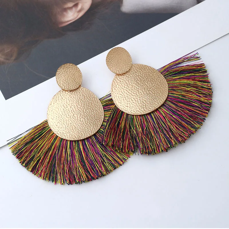 

New Personality Bohemian Ethnic Style Geometric Metal Round Piece Large Tassel Vintage Earrings Women Birthday Gift Jewelry
