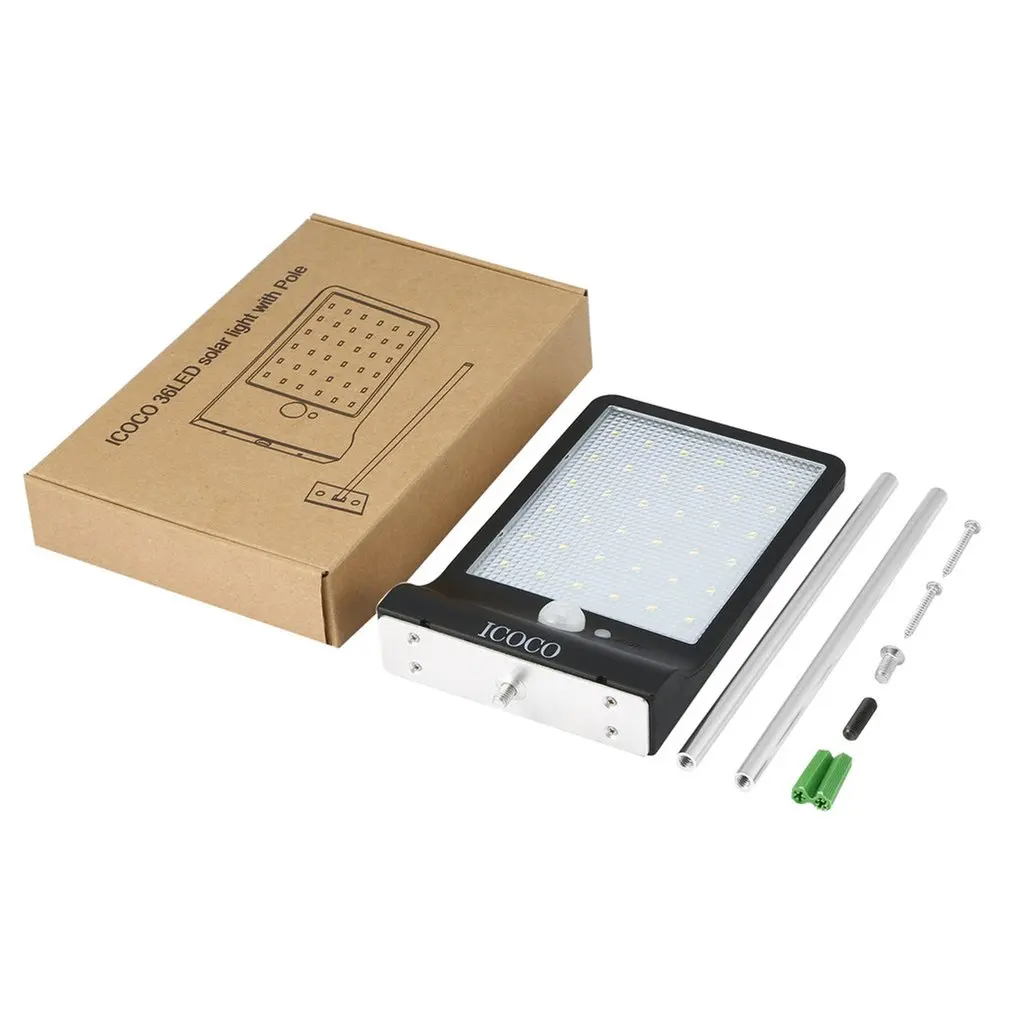 

ICOCO 36LED Outdoor Motion Sensor Solar Light with Pole Solar Powered Wall Lamp Waterproof Heatproof Energy-saving