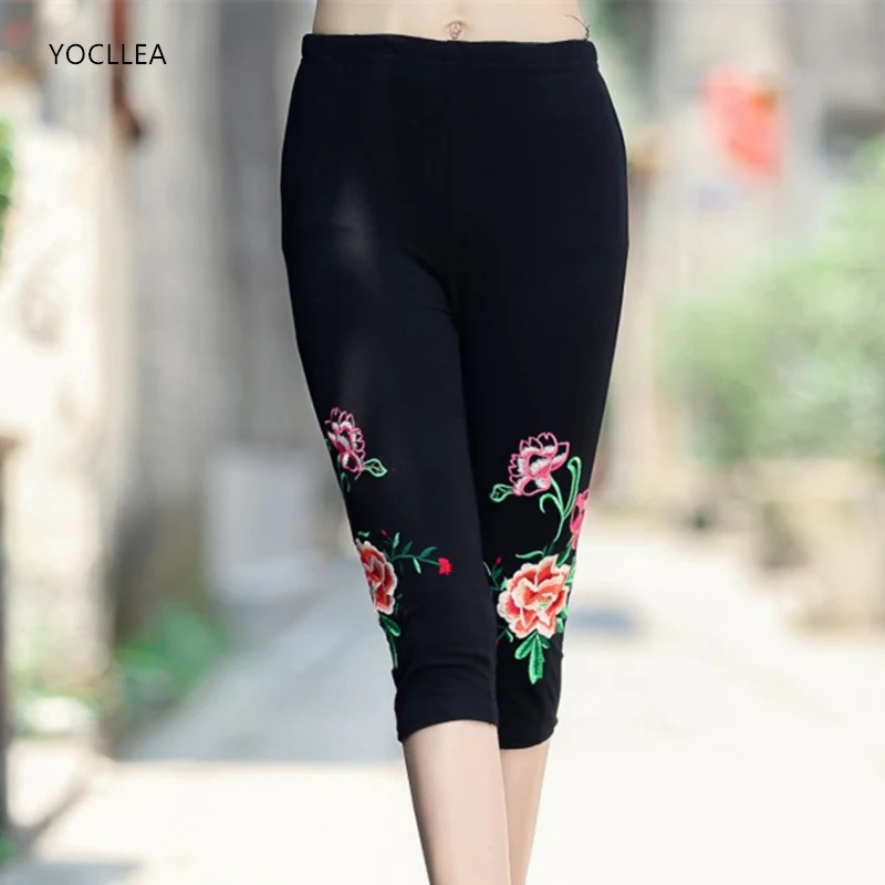 Women Pencil Pants High Waist Leggings Slim Embroidery