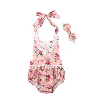 

Newborn Kids Baby Girl Floral Strap Bodysuit Tassel Lace Jumpsuit Headband Sleeveless Outfit Clothes Infant Sunsuit Playsuit