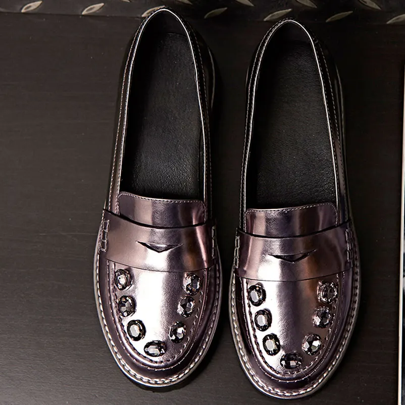 

2016 Women Famous brand Shoes Woman With Rhinestones Woman Loafers Round Toe Ladies Shoes Genuine Leather Women Famous