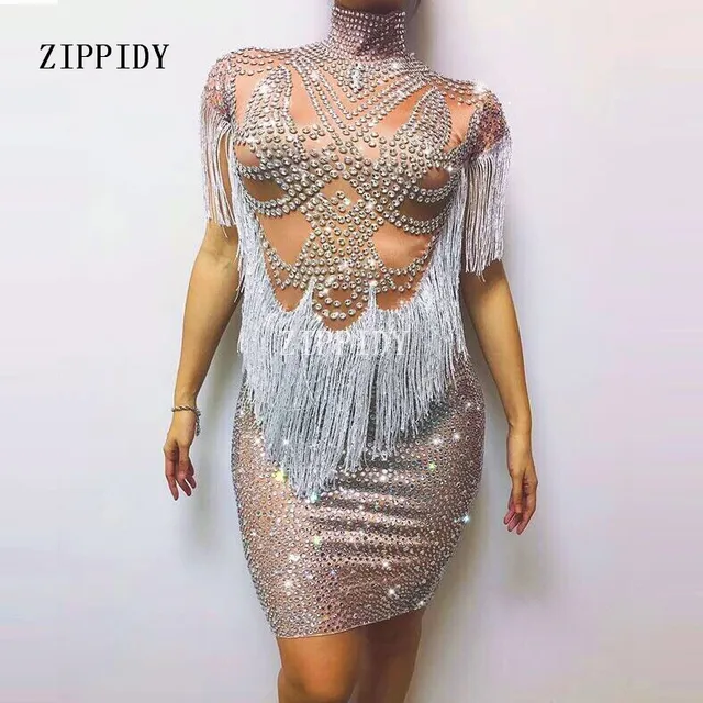 Luxury Sparkly Silver Diamonds Crystals Tel Y Dress Nightclub Luxury Sparkly Silver Diamonds Crystals Tel Y Dress Nightclub Celebrate Birthday Female Singer Dresses Rhinestones Costume