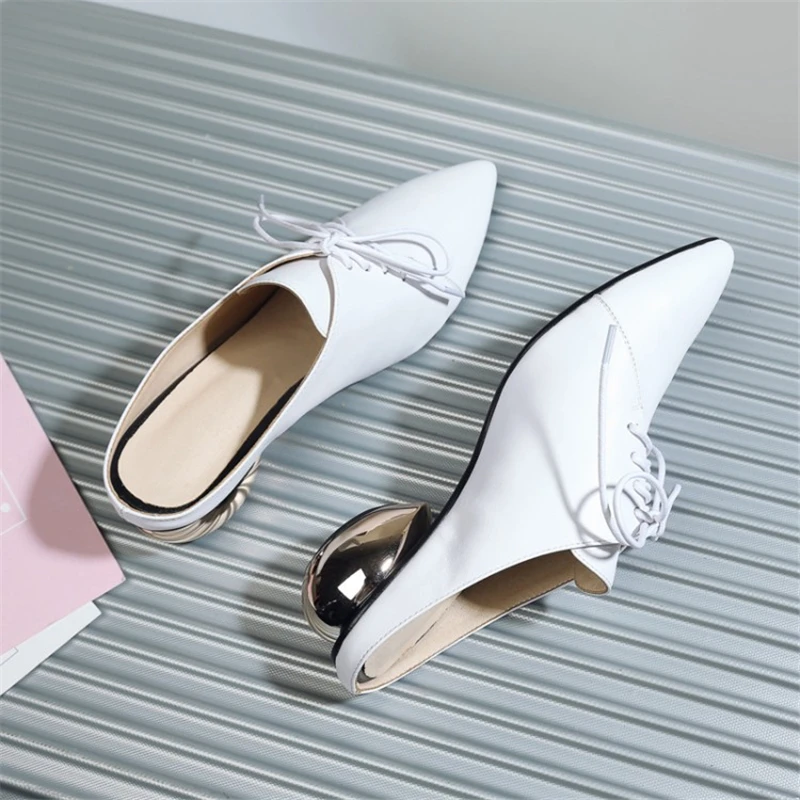 MSSTOR Shoe Laces Summer Shoes White Fashion Genuine Leather Strange Style Concise High Heels Pointed Toe Mules Women Slippers MSSTOR Shoe Laces Summer Shoes White Fashion Genuine Leather Strange Style Concise High Heels Pointed Toe Mules Women Slippers