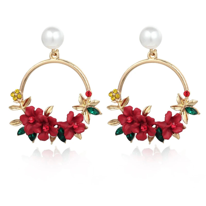 

2019 Korean Statement Handmade Elegant Yellow Red Flower Gold Leaf Earrings Crystal Dangle Drop Pearl Earrings for Women Summer