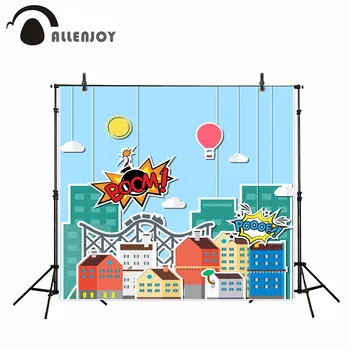 

Allenjoy backdrop for photo studio superhero cartoon hot air balloon background customize professional for kids birthday