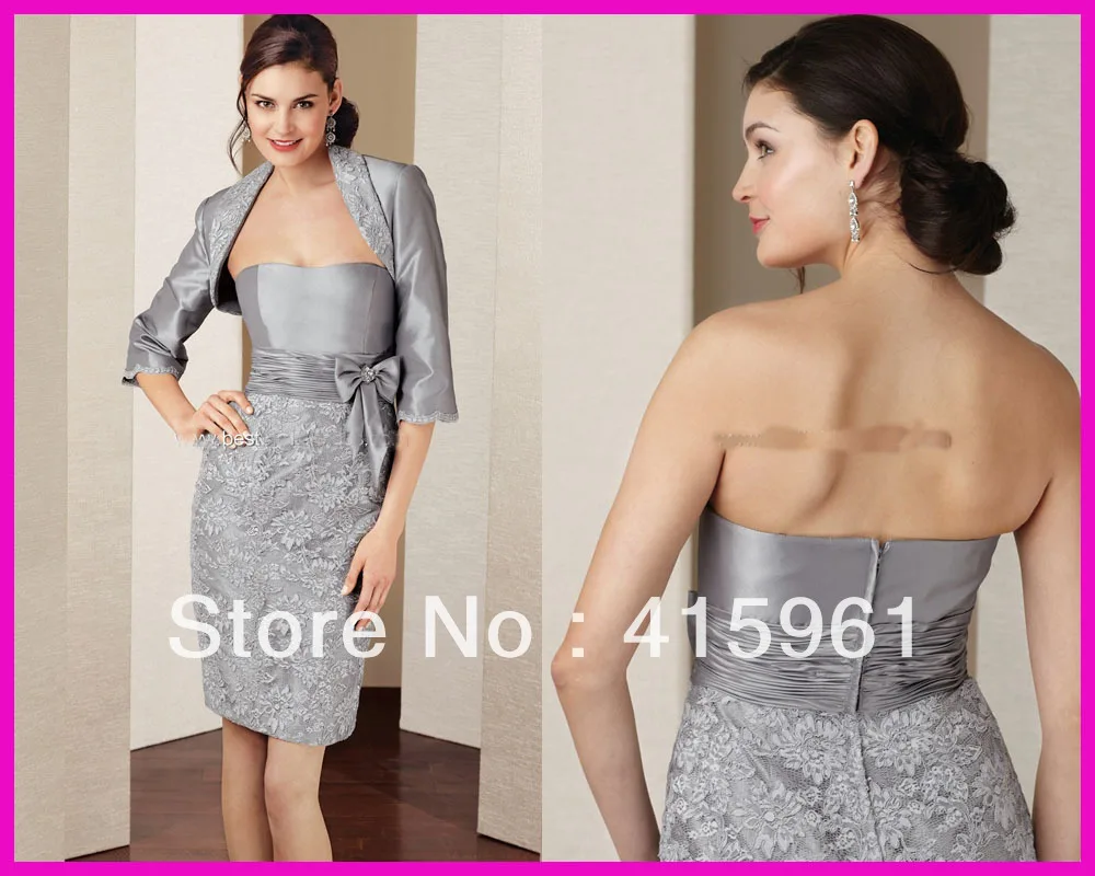 

Silver Short Knee Length Lace Straight Mother of Bride Dress Gown With Jacket M774
