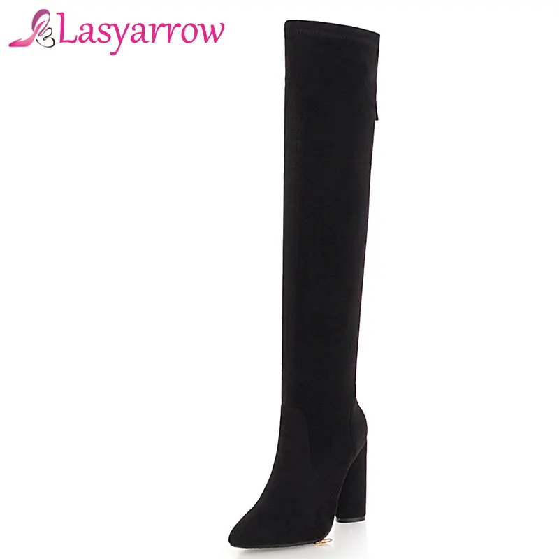 Lasyarrow Chunky High Heels Women's SHoes Autumn Winter Thigh Long Boots Zipper Botas Feminina Thick Heel Pointed Shoe F424 | Обувь