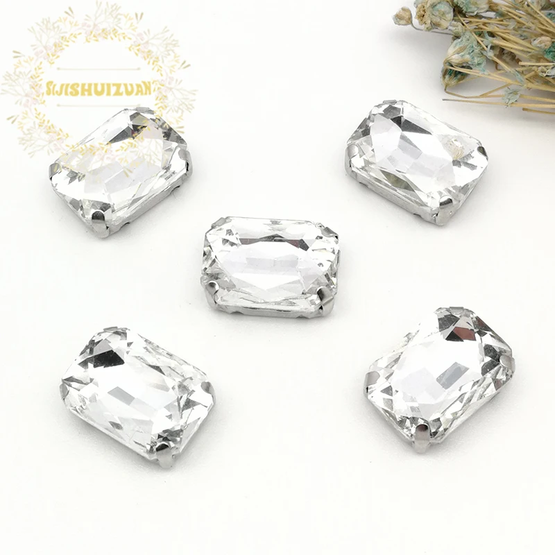 White Rectangular Crystal Glass Sewing Rhinestones With Claw Rhinestone ...