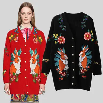 

Designer Runway Vintage Retro Ethnic Embroidery Tiger Rabbit Floral Thick Long Sweater Jacket Women Autumn Winter Knit Cardigan