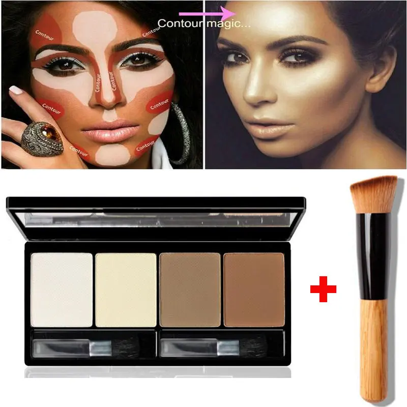 

4 Color Face Contour Kit Concealer Bronze Makeup Palette Facial Shadow Highlighter V Face Decorating with Contouring Brush