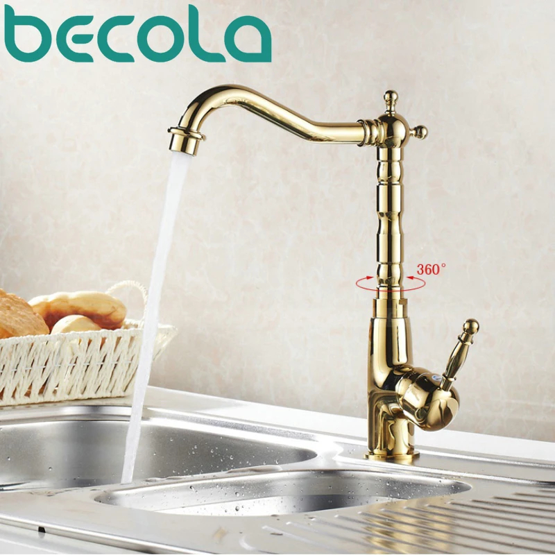 Free Shipping gold kitchen faucet Brass Luxury Single Handle hot and