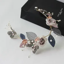 Корейский Серебряный шелковый лист голубая пряжа цветок невесты голова цветок невесты Свадебный ободок для волос Свадебные аксессуары