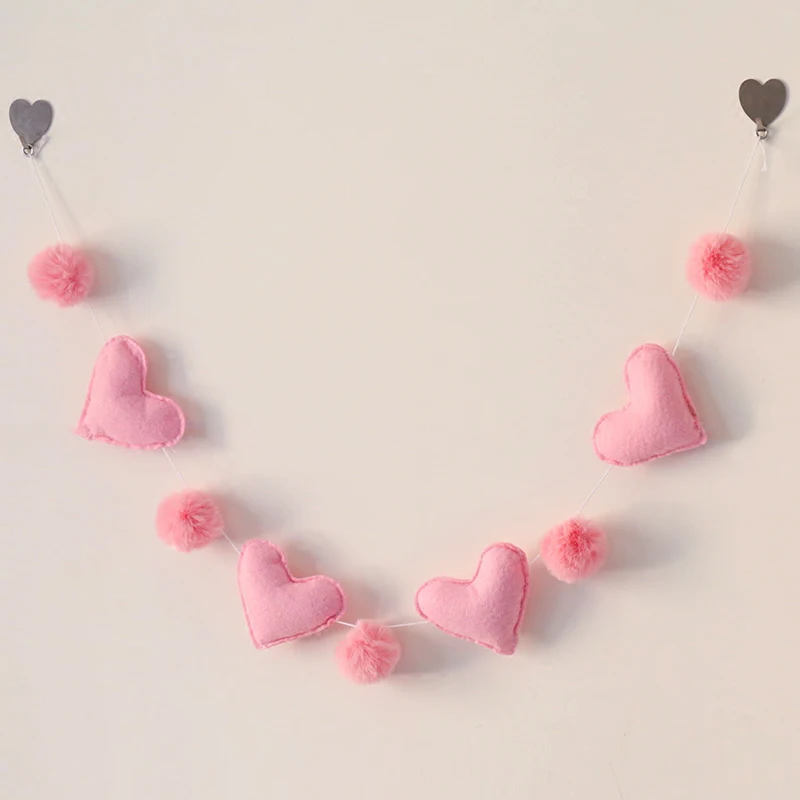 

Handmade Felt Ball Decorative Heart Garland Birthday Party Decorations Pom Pom Banner for Kids Room Nursery Bedroom Decor