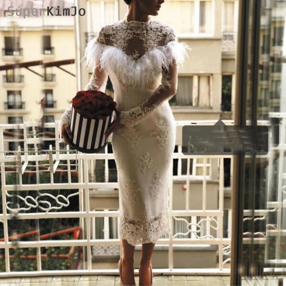 

SuperKimJo Robe De Soiree 2019 High Neck Lace Applique Evening Dresses Ankle Length Feather Long Sleeve Formal Dress