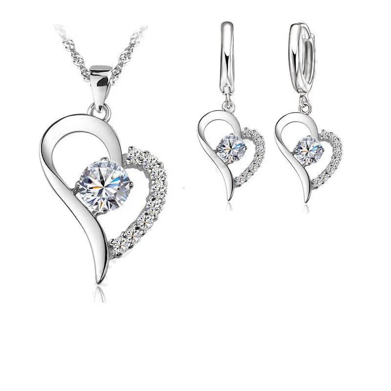 Heart Design Wedding Jewelry Sets For Female Women 925 Sterling Silver Necklace Hoop Earrings Lover Gifts Wholesale | Украшения и