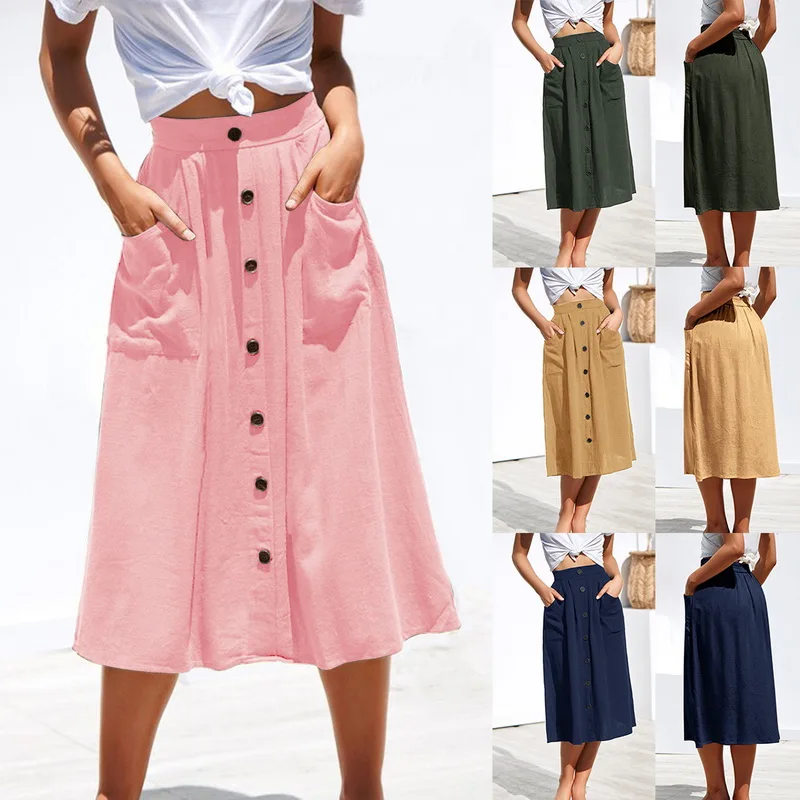 

MoneRffi 2019 Women Vintage Skirt Summer Casual Buttons Design Beach Skirts Womens Fashion Solid Pockets Streetwear Long Skirt